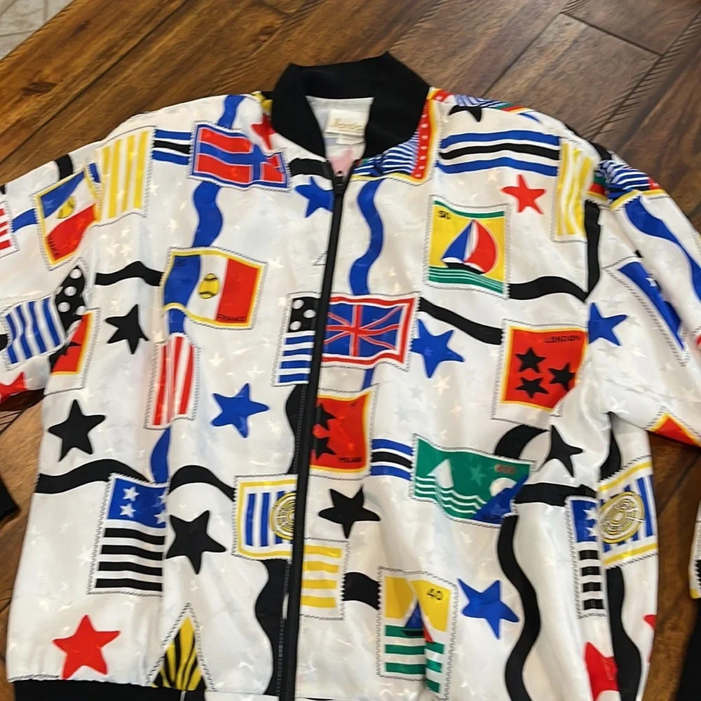 Vintage Jordana Stamps Flags zip Up Jacket Elastic Waist Blouse Small - Picture 6 of 16